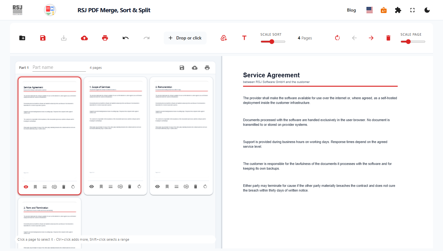 The PDF editor with page thumbnails, document preview and the toolbar